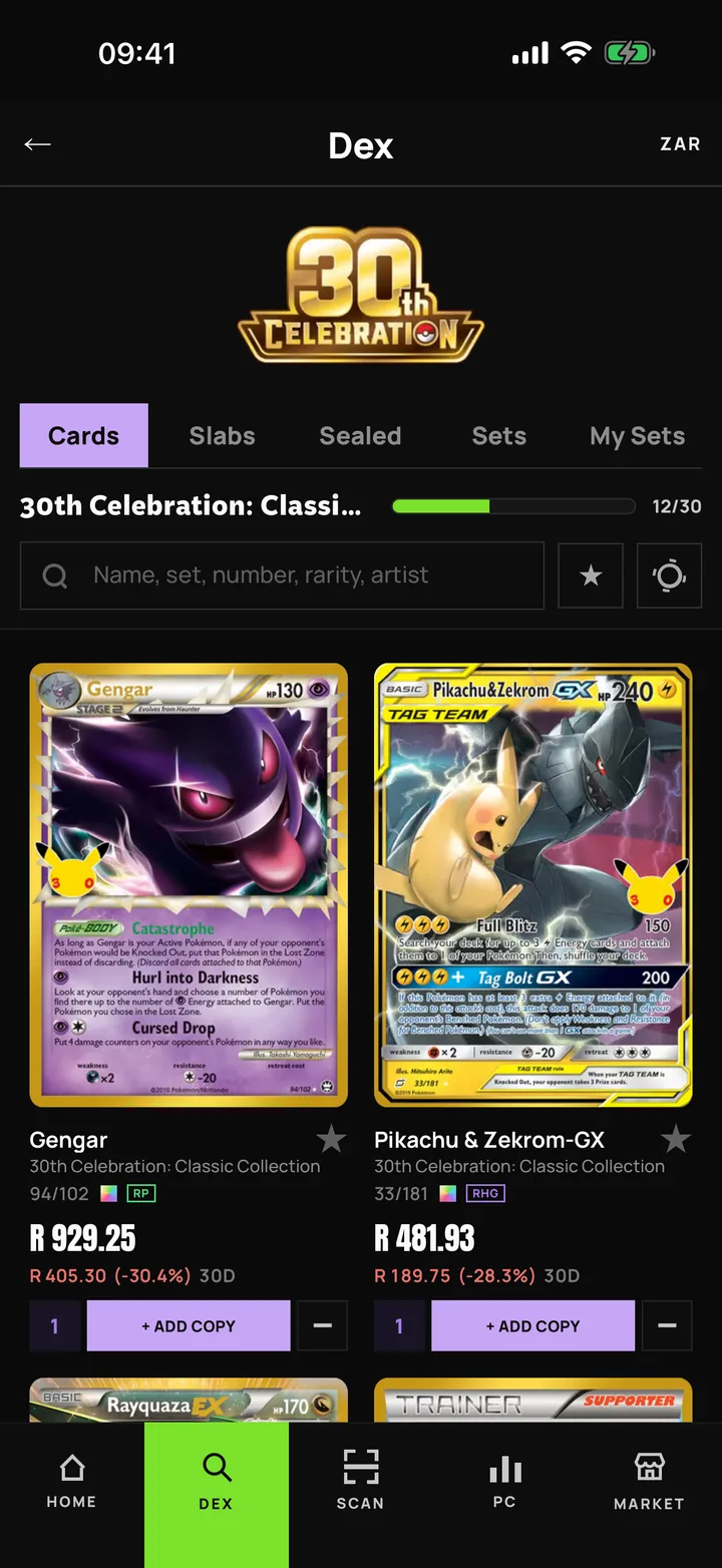 The HaveFun Dex showing the 30th Celebration set with owned cards, prices in Rands and a progress bar.