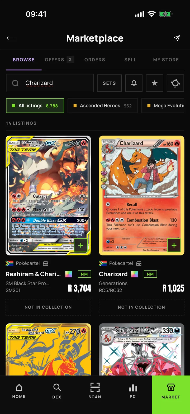 The HaveFun marketplace showing Charizard listings from a South African shop with prices in Rands.